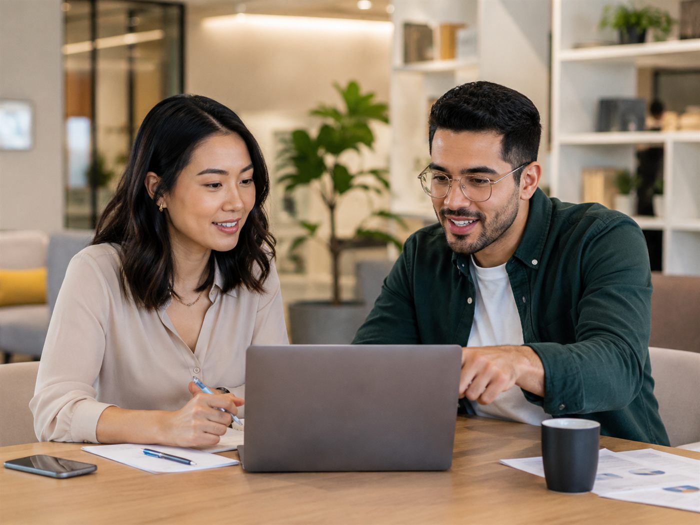 Two program staff reviewing project compliance data together on a laptop