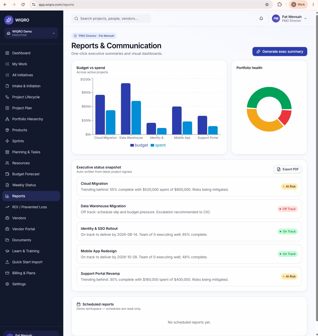 WIQRO Reports & Communication page showing Budget vs Spend chart across active projects, Portfolio health donut chart, and auto-generated Executive status snapshot showing Cloud Migration (At Risk), Data Warehouse Migration (Off Track), Identity & SSO Rollout (On Track), Mobile App Redesign (On Track), and Support Portal Revamp (At Risk).