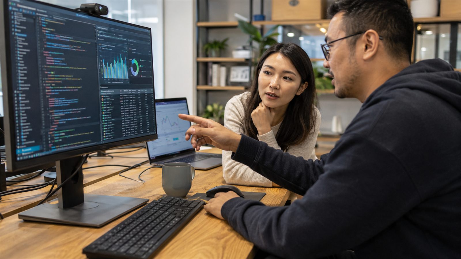 Two teammates reviewing project analytics dashboards together at a workstation